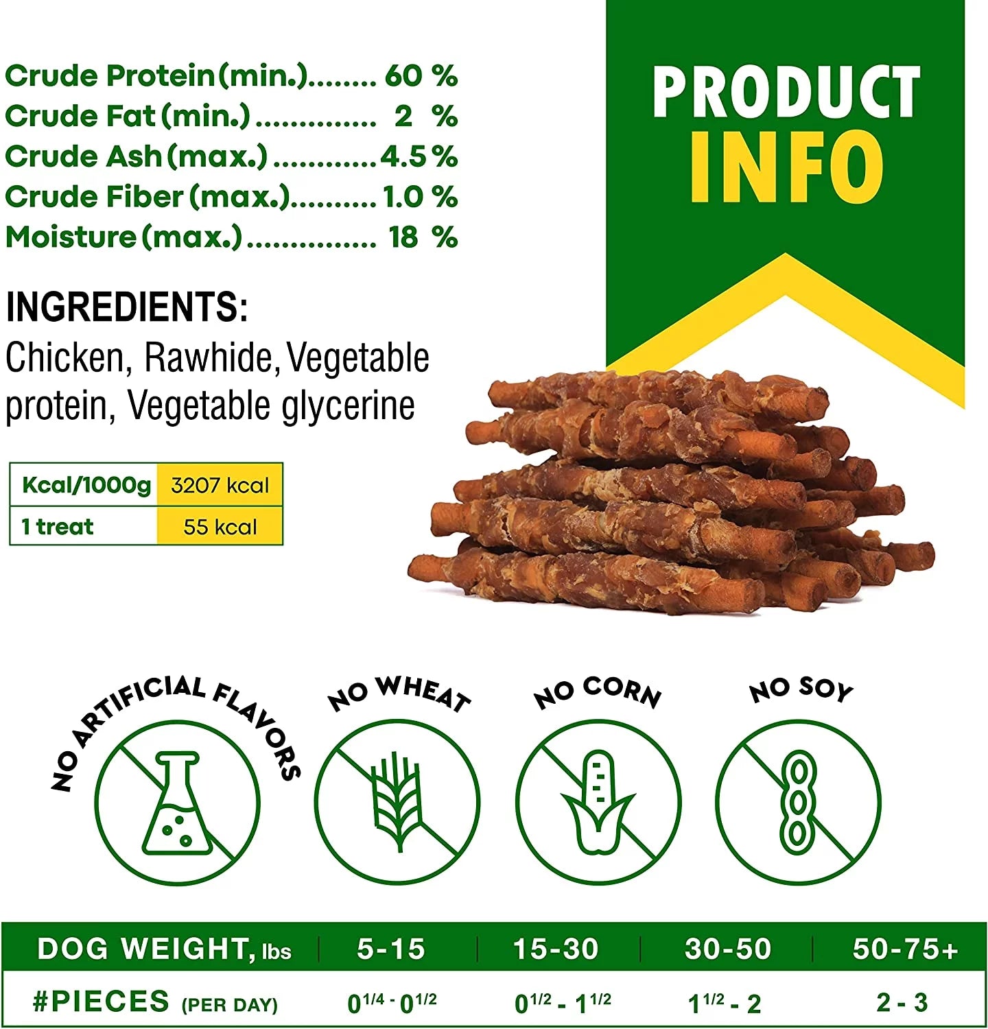 Dog Smoked Rawhide Sticks Wrapped Chicken & Pet Natural Chew Treats - Grain Free Organic Meat & Healthy Human Grade Dried Snacks in Bulk - Best Twists for Training Small & Large Dogs - Made for USA