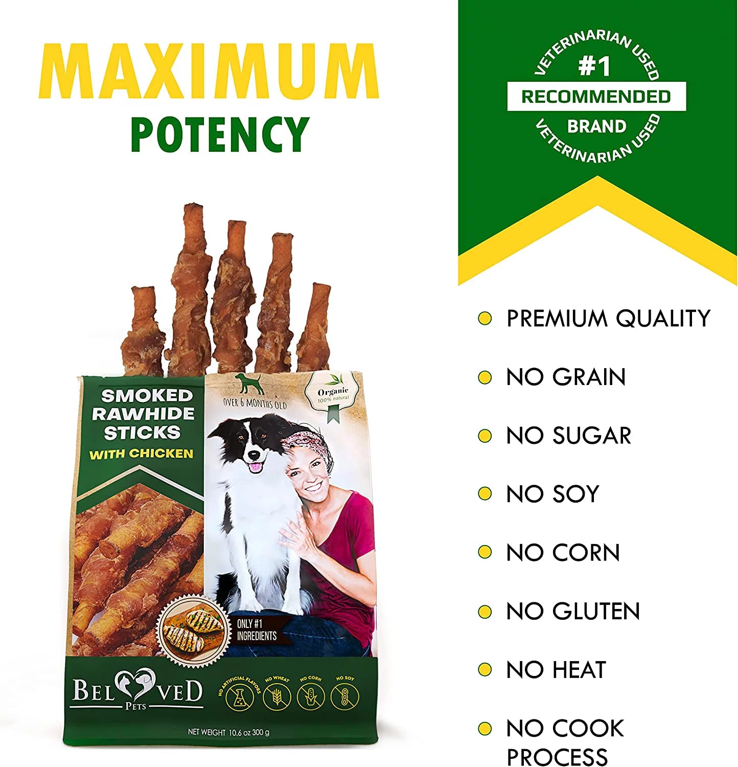 Dog Smoked Rawhide Sticks Wrapped Chicken & Pet Natural Chew Treats - Grain Free Organic Meat & Healthy Human Grade Dried Snacks in Bulk - Best Twists for Training Small & Large Dogs - Made for USA